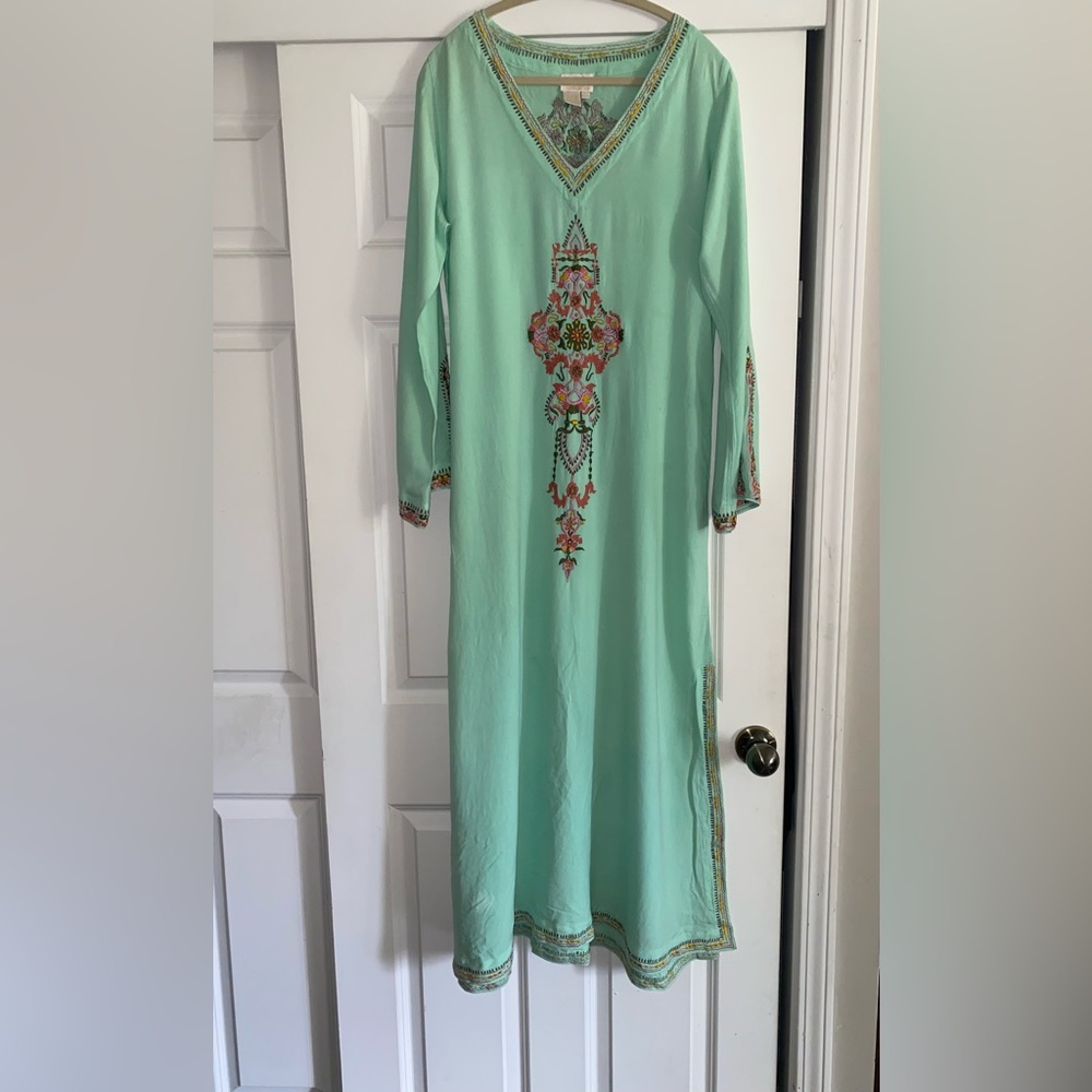 Soft Surroundings Elegant Mint Green Embroidered Kaftan Maxi Dress Modest